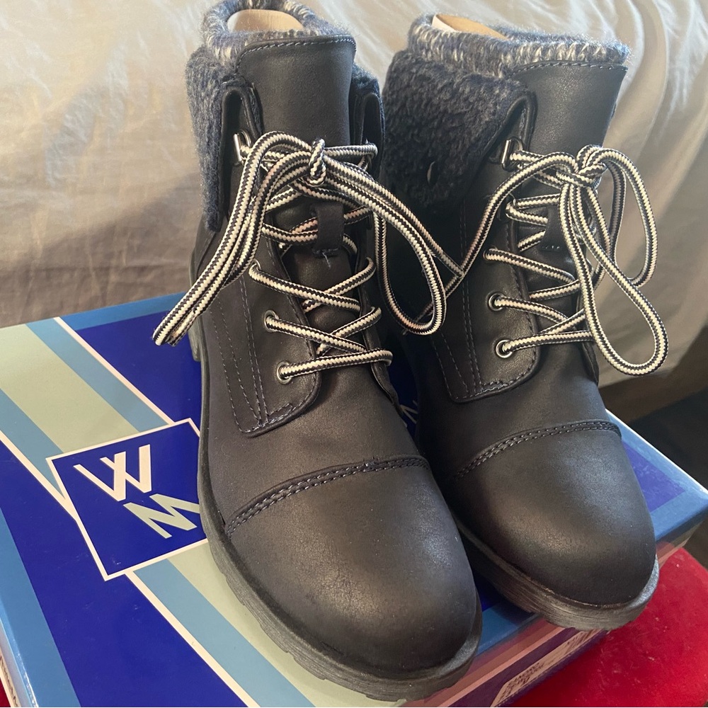 White Mountain Women's Sandro Fabric Sweater Cuff Lace Up Ankle Boots